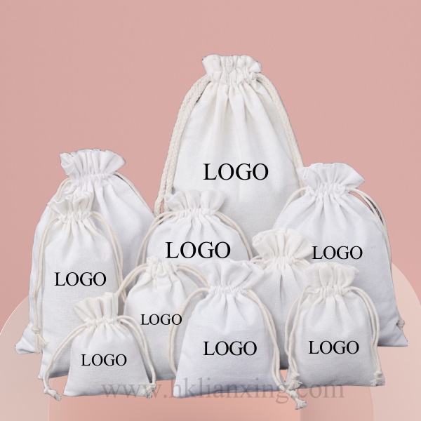 定制徽标白色束带棉花袋礼品包装袋，用于珠宝