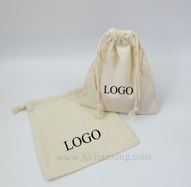 定制徽标白色束带棉花袋礼品包装袋，用于珠宝